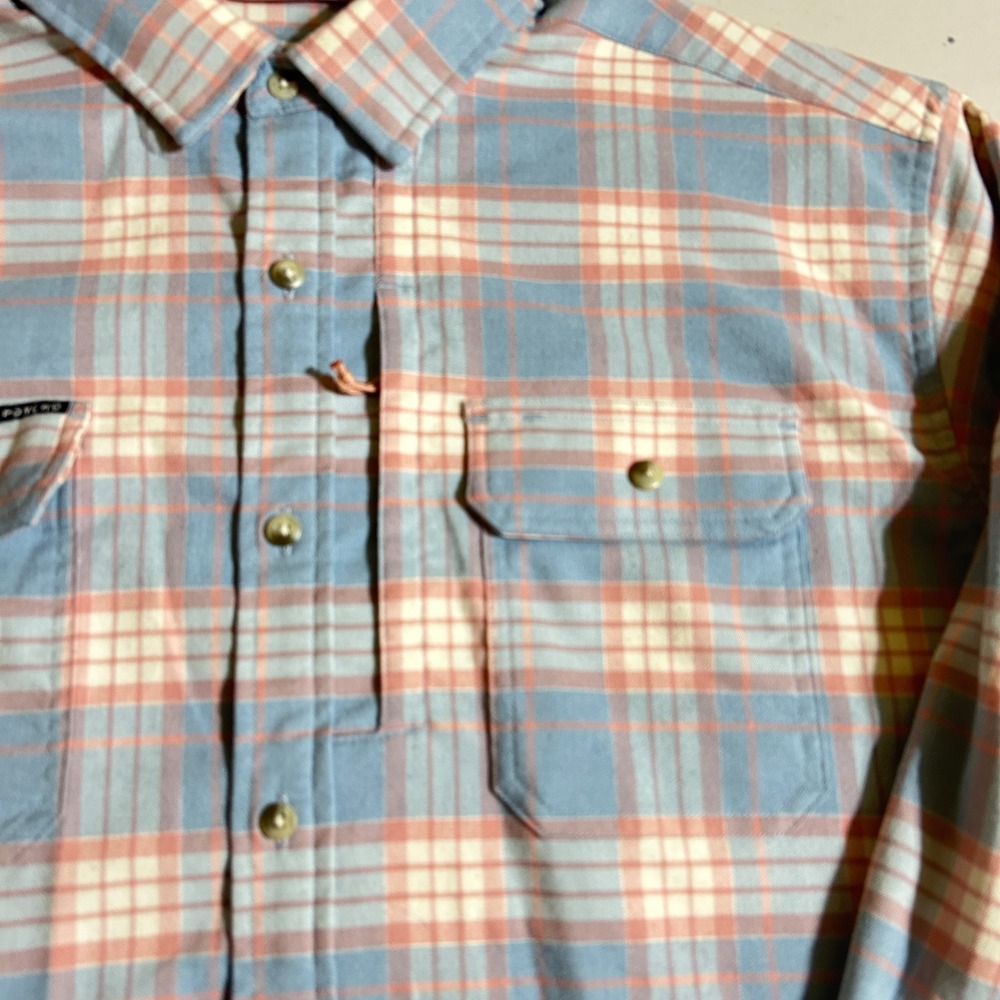 Poncho Outdoors Shirt L Blue Pink Plaid Magnetic Pockets Performance Western - Picture 4 of 6